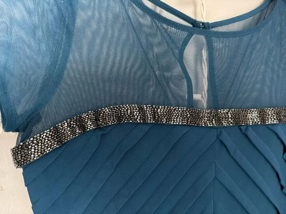 Calvin Klein Teal Mesh Yoke Beaded Chevron Pleated Sheath Dress - Picture 5 of 12